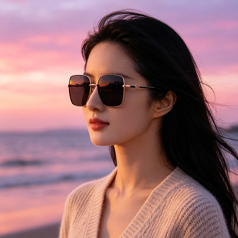 65063偏光太阳镜时尚金属优雅方形显脸小防晒遮阳防紫外线墨镜女
