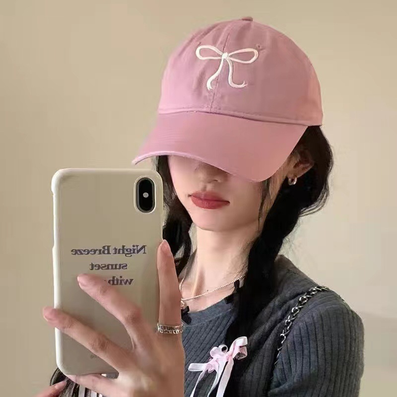 韩国ins风棒球帽女生蝴蝶结浪漫粉色帽子百搭软顶鸭舌帽大帽檐