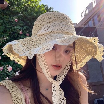 2025新款草帽女夏季出游防晒帽子蕾丝镂空草编沙滩海边大檐遮阳帽