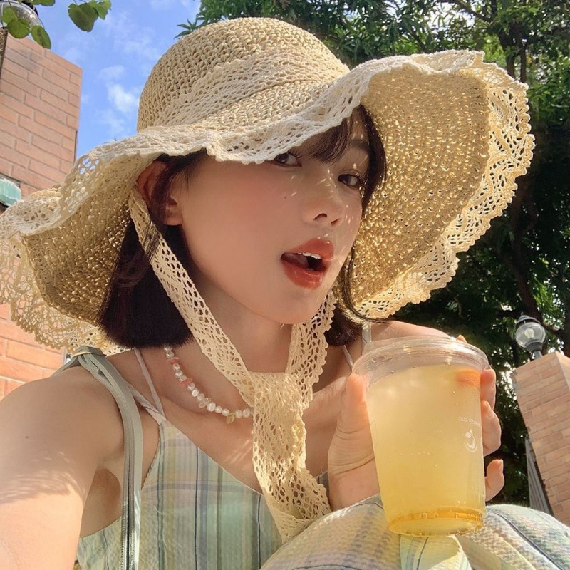 日系ins甜美编织蕾丝系带草编帽 夏天防晒防紫外线小清新沙滩帽子