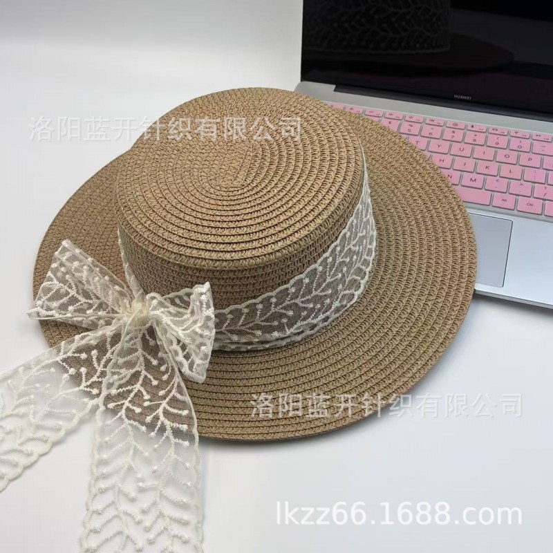 韩版新款夏季蝴蝶结飘带海边度假草帽大沿显脸小遮阳防晒帽子海边