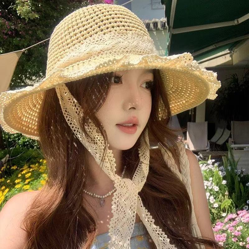 欧根纱珍珠草帽蕾丝草编太阳帽子女大帽檐夏季透气草帽海边遮全脸