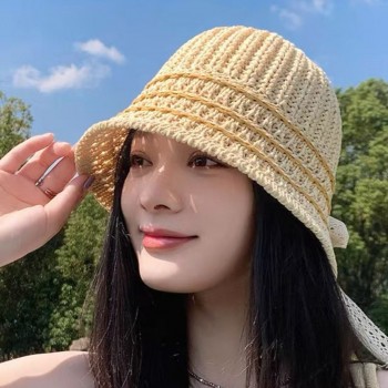 蝴蝶结镂空渔夫帽女夏季时尚防晒遮阳帽子2026新款显脸小草编盆帽
