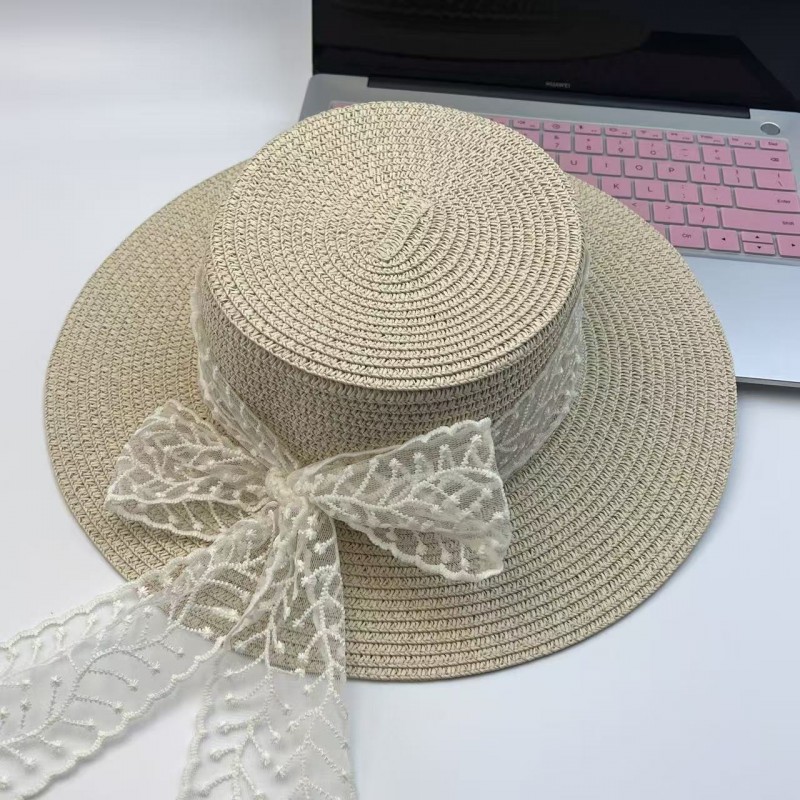 韩版新款夏季蝴蝶结飘带海边度假草帽大沿显脸小遮阳防晒帽子海边
