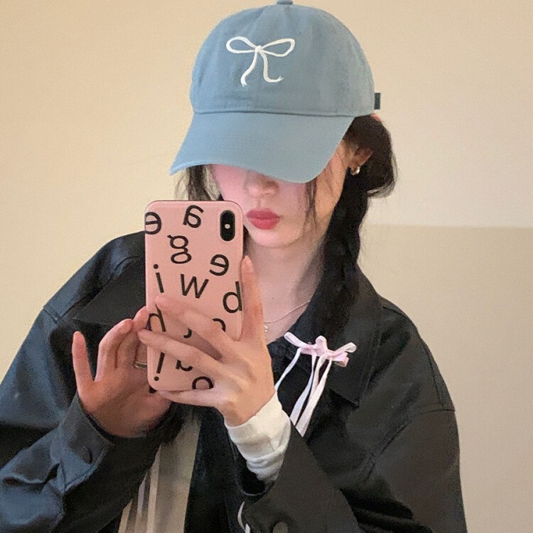 韩国ins风棒球帽女生蝴蝶结浪漫粉色帽子百搭软顶鸭舌帽大帽檐