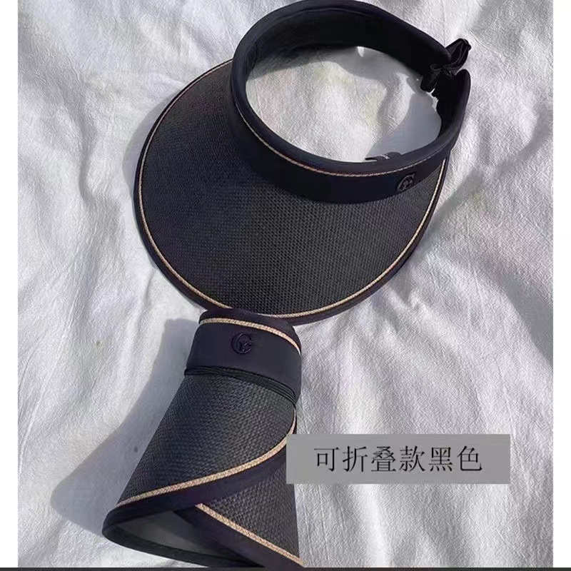 夏季网红同款时尚空顶防紫外线遮阳黑胶草帽大檐小标UV防晒帽女潮