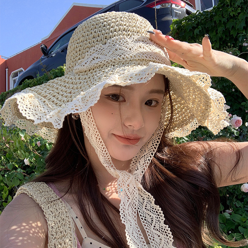 2025新款草帽女夏季出游防晒帽子蕾丝镂空草编沙滩海边大檐遮阳帽