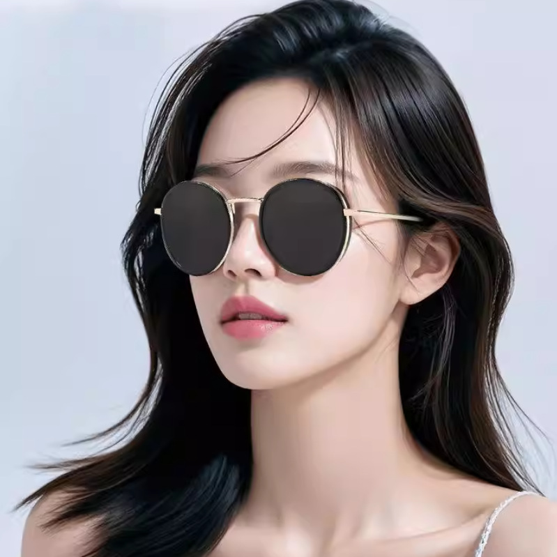 韩版复古圆形框墨镜女高级感显脸小网红时尚辣妹海边防晒太阳镜