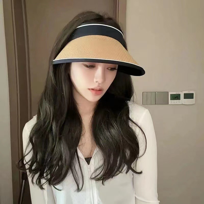 夏季网红同款时尚空顶防紫外线遮阳黑胶草帽大檐小标UV防晒帽女潮