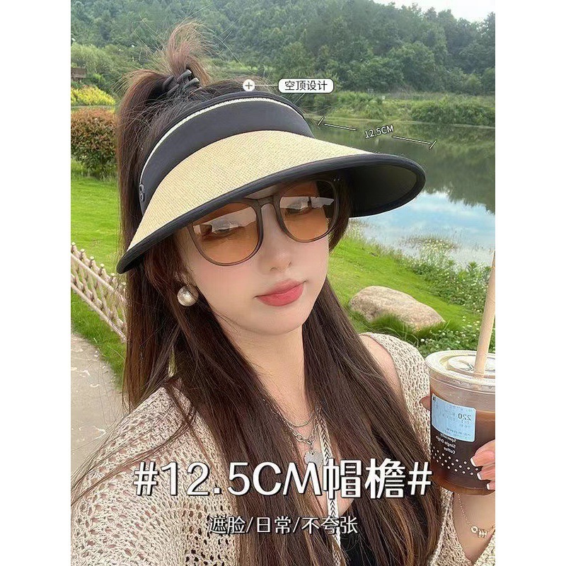 夏季网红同款时尚空顶防紫外线遮阳黑胶草帽大檐小标UV防晒帽女潮