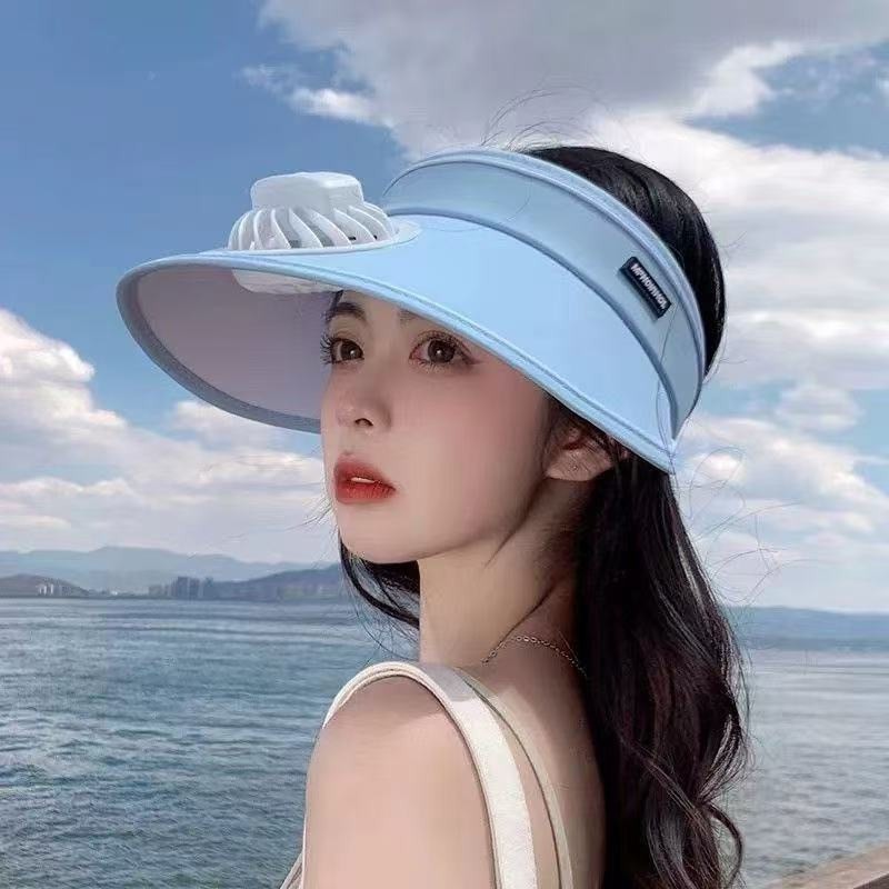 太阳帽子遮阳帽女夏季防晒带风扇空顶大帽檐骑车户外遮脸防紫外线