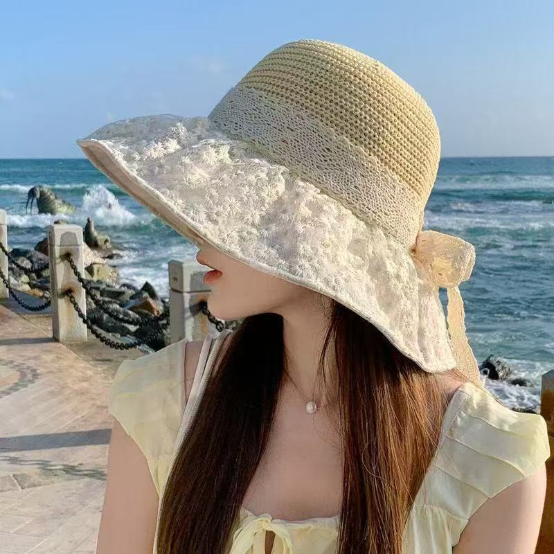 夏季草编蝴蝶空顶防晒帽海边沙滩可折叠遮阳帽休闲百搭拍照太阳帽