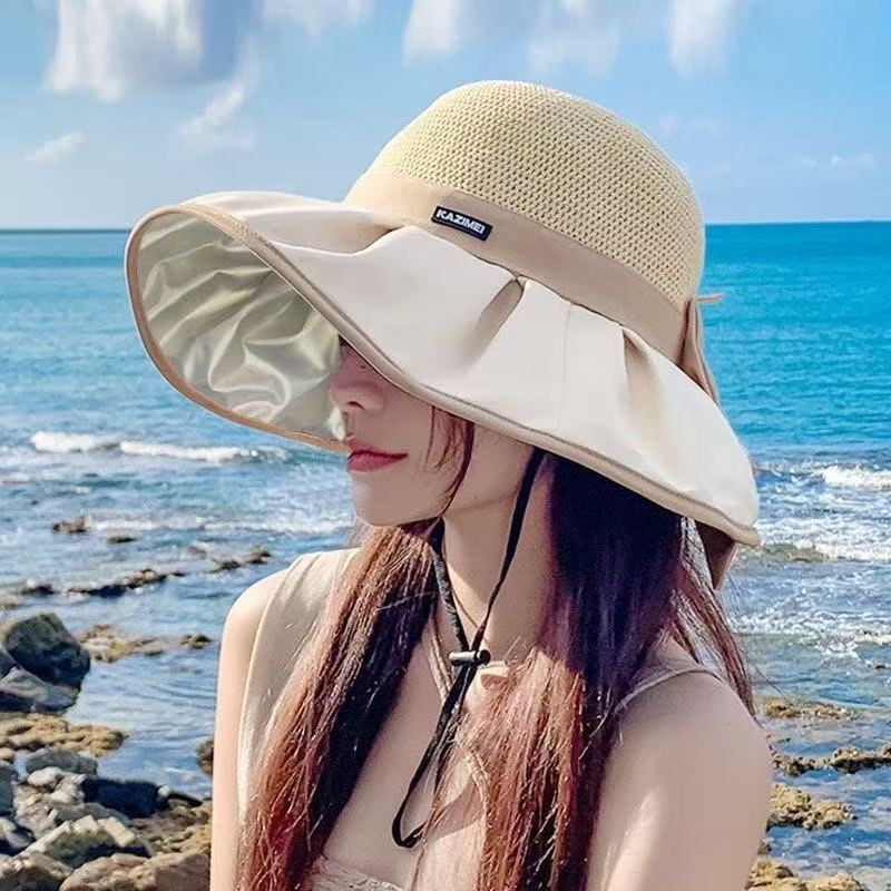 黑胶渔夫帽子女夏季遮阳时尚休闲防晒帽大帽檐高级感蝴蝶结太阳帽