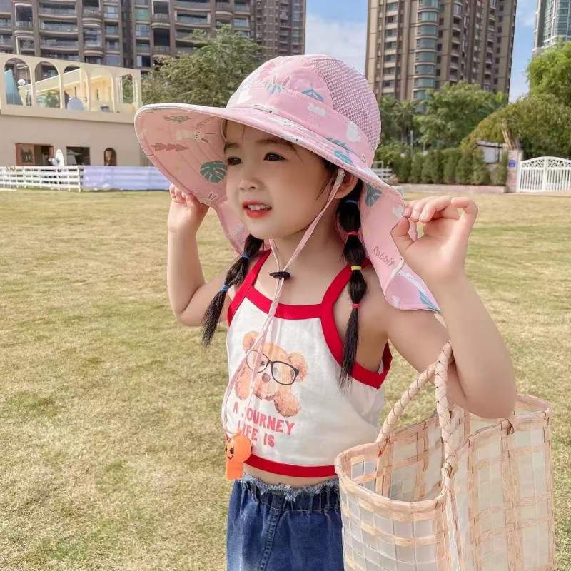 儿童防晒帽夏天防紫外线男童遮阳帽透气大帽檐女童渔夫帽太阳帽薄