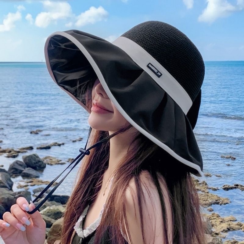 黑胶渔夫帽子女夏季遮阳时尚休闲防晒帽大帽檐高级感蝴蝶结太阳帽
