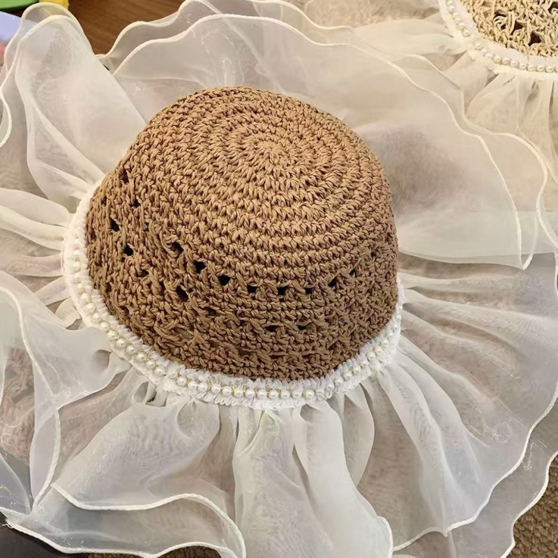 欧根纱珍珠草帽蕾丝草编太阳帽子女大帽檐夏季透气草帽海边遮全脸