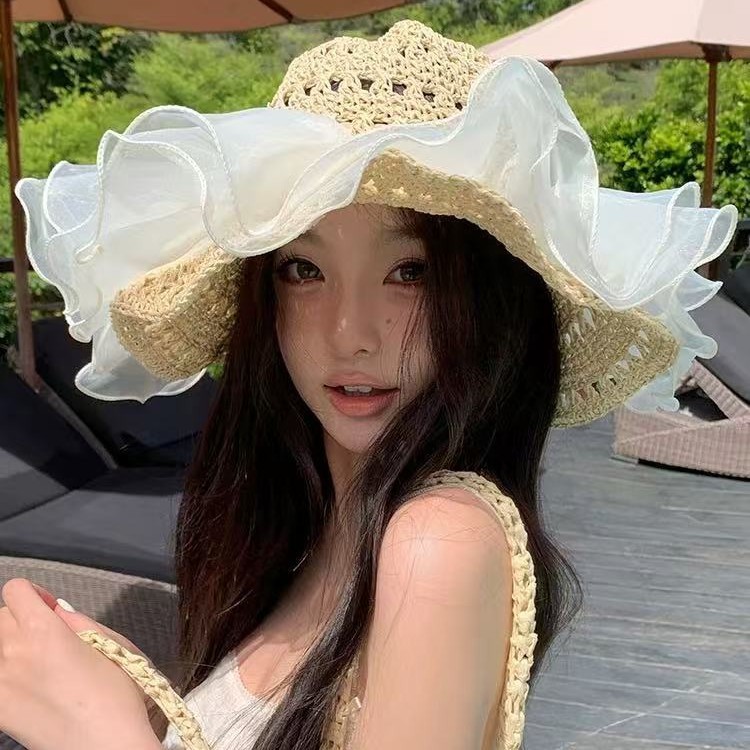 欧根纱珍珠草帽蕾丝草编太阳帽子女大帽檐夏季透气草帽海边遮全脸
