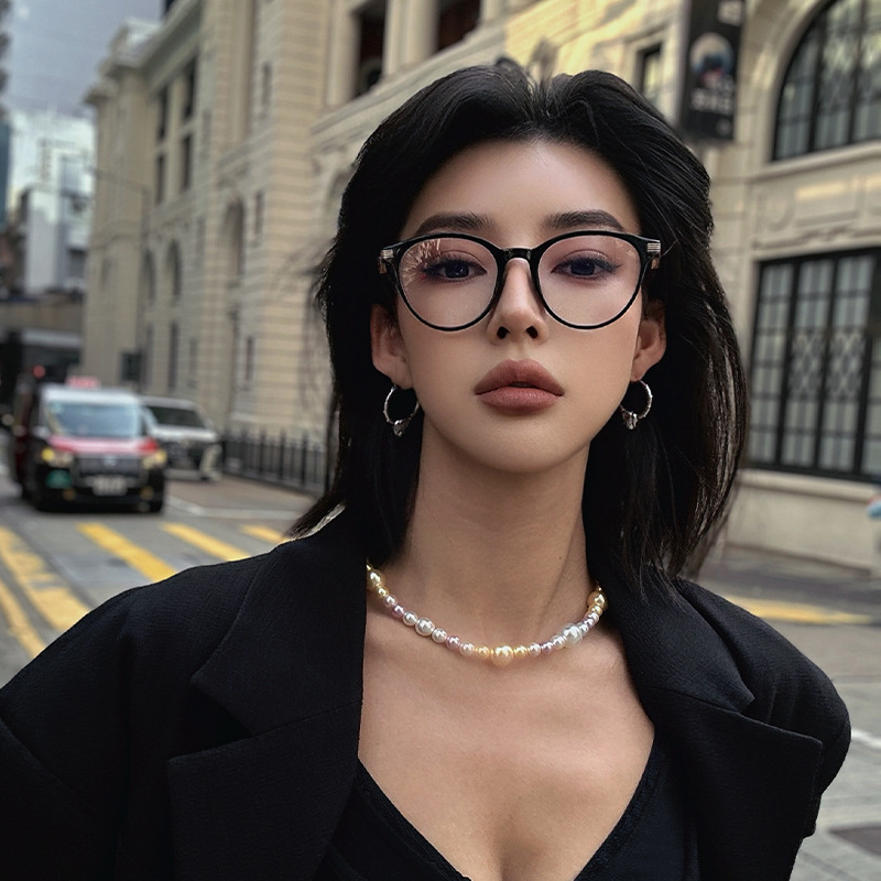植伍猫眼平光镜个性韩版防蓝光眼镜女金属跨境近视眼镜架男电脑镜
