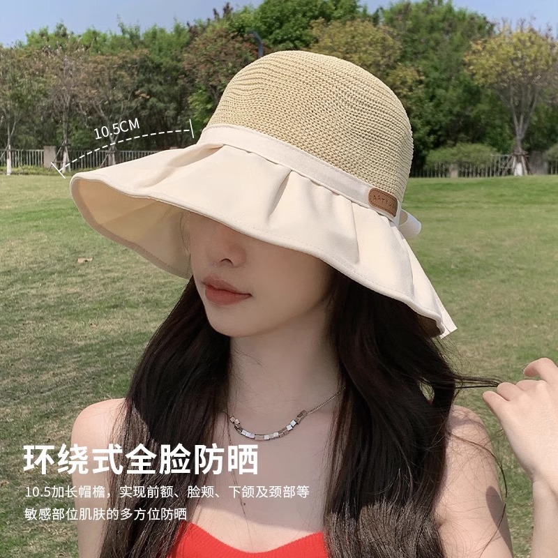 夏季新款渔夫帽大檐蝴蝶结沙滩帽子透气防晒遮阳出游太阳帽女帽