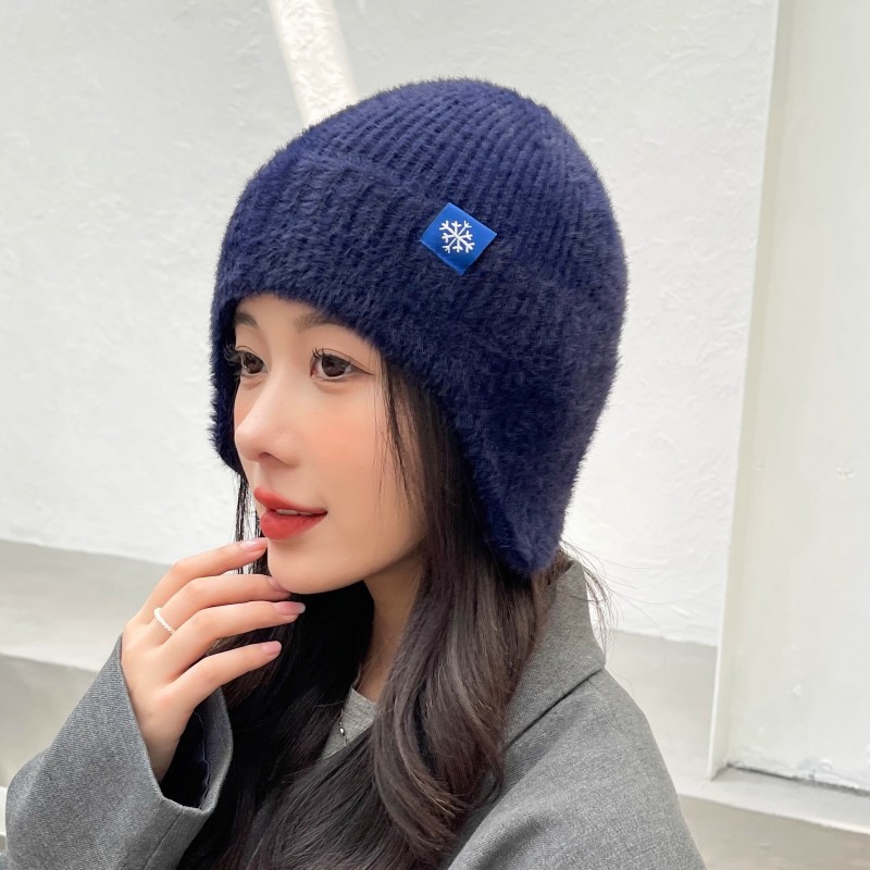 韩系猫耳朵毛线帽大头围女秋冬季加厚防寒保暖针织毛绒帽冷帽批发
