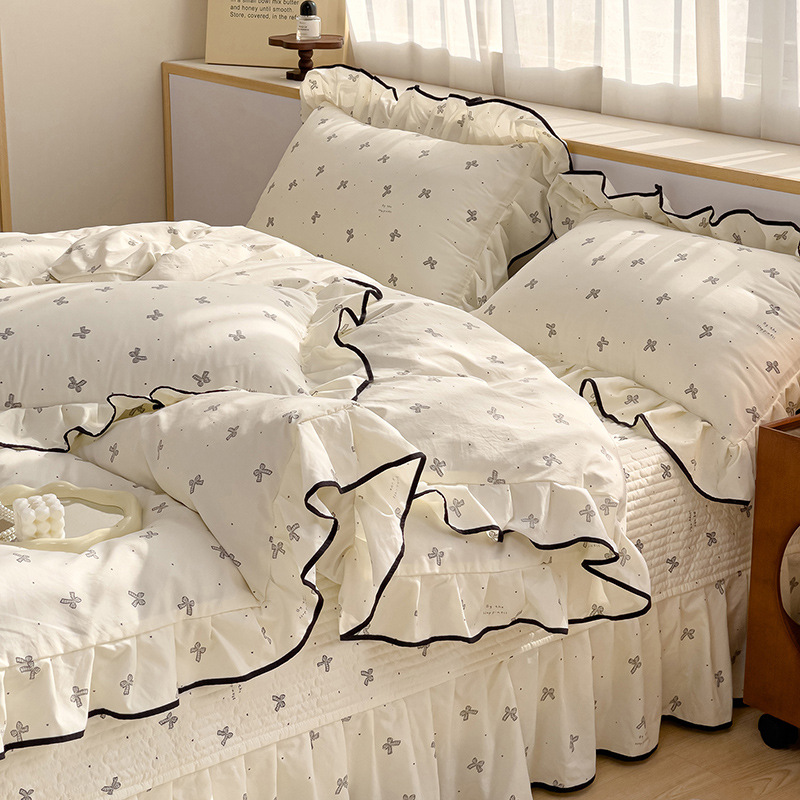 春夏新款古法水洗棉床盖四件套小黑边少女心床单四件套床盖款