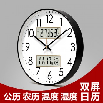 易普拉6026万年历液晶钟客厅挂墙钟表静音双历挂钟经典时钟挂表