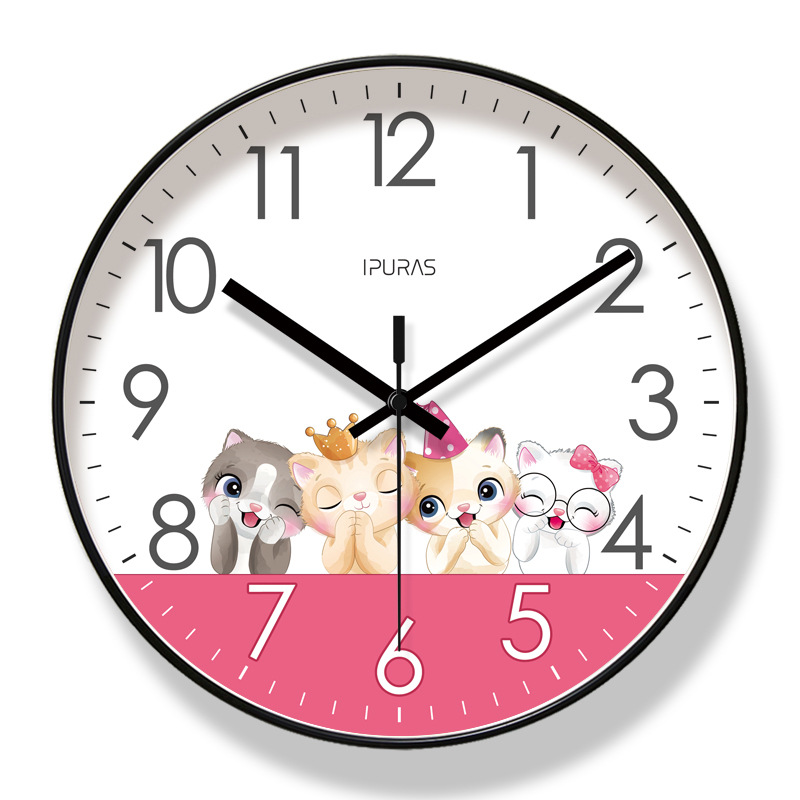 易普拉6179挂钟客厅卡通可爱小猫家用时钟挂表静音扫秒石英钟
