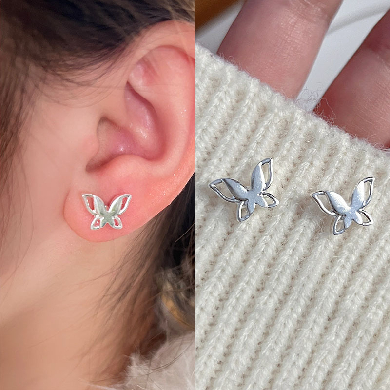 925银针精致小巧耳钉耳骨钉超仙百搭小众彩色锆石蝴蝶耳环ins耳饰