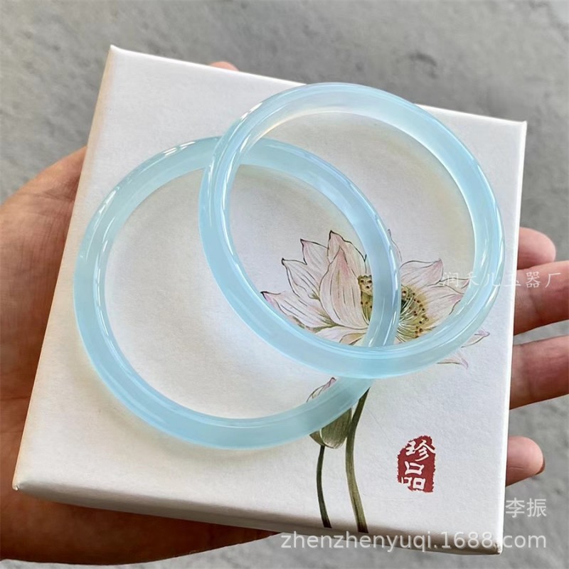 一件代发高冰种天青冻玉髓手镯前蓝色正圈玛瑙玉髓细圆条美人镯子