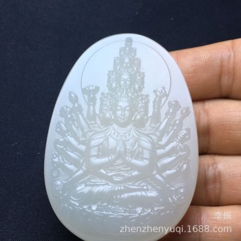 天然新疆金丝白玉千手观音菩萨吊坠金丝玉观音双面雕工十二生肖属