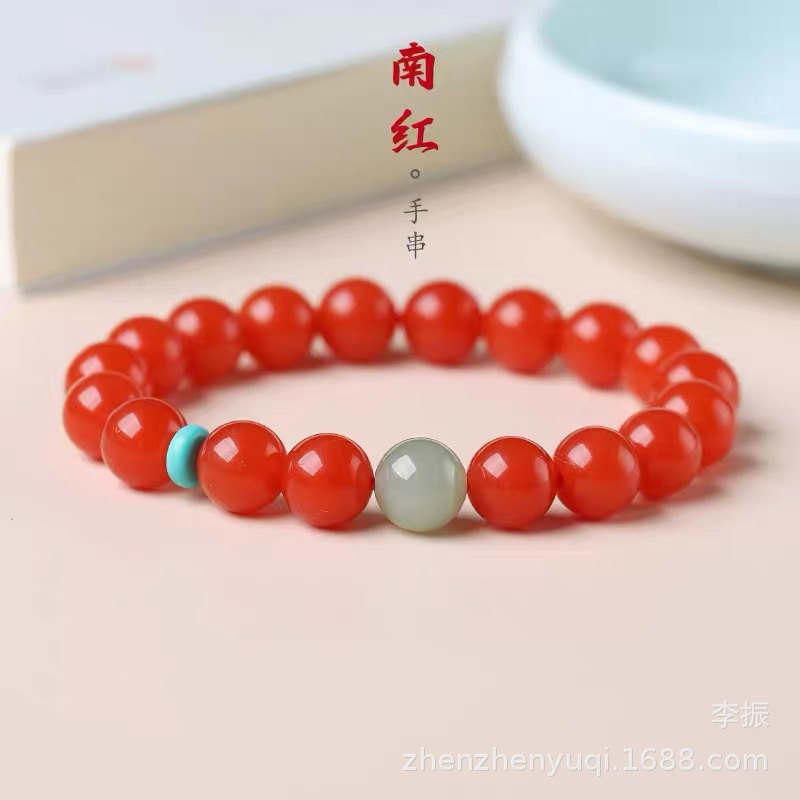 凉山天然南红玛瑙手串单珠樱桃红手链男女款本命年配饰蜜蜡绿松石