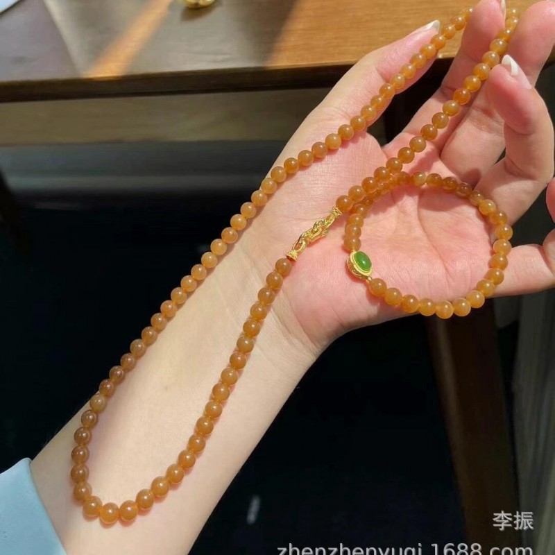 天然新疆和田玉且末糖料项链本命年平安手链女士新中式黄糖焦糖色