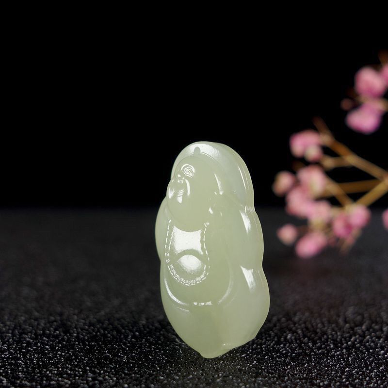 一件代发天然青白玉抱抱佛弥勒佛晴水色蚕丝玉大肚佛挂件玉佩玉坠