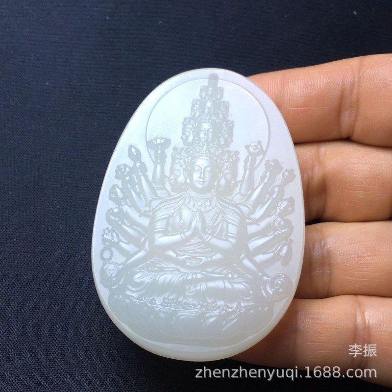 天然新疆金丝白玉千手观音菩萨吊坠金丝玉观音双面雕工十二生肖属