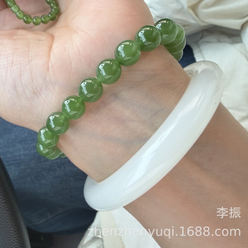 天然和田玉碧玉项链女款8mm玉珠子项链圆珠阳绿菠菜绿手链玉石