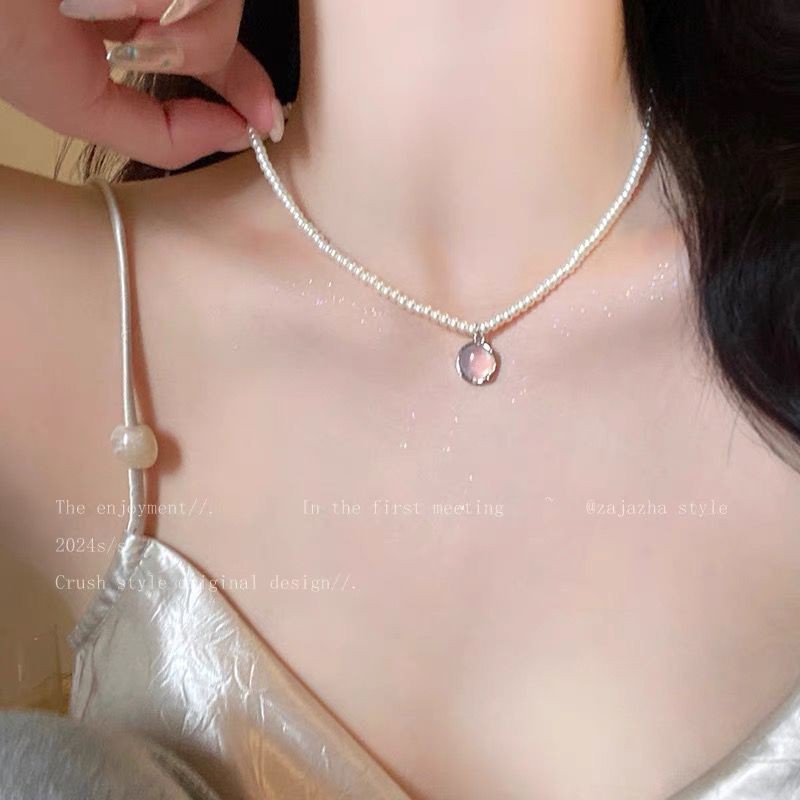 2025新款简约素银珍珠蓝宝石项链女百搭不掉色高级设计感锁骨链批